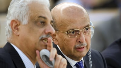 Yemeni foreign minister Abu Bakr al-Kurbi (R) listens next to the ambassador Ibrahim Said al-Adoofi during a session on Yemen at the United Nations (UN) Human Rights Council on September 19, 2011 in Geneva. Yemen's government expressed its "sorrow and condemnation" of the violence Sunday that killed 26 people during anti-regime demonstrations, as six new civilian deaths were reported. "The government of Yemen expresses its sorrow and condemnation for all acts of violence and bloodshed as those happened yesterday in Sanaa," foreign minister Abu Bakr al-Kurbi told the UN Human Rights Council. AFP PHOTO / FABRICE COFFRINI *** Local Caption *** 863135-01-08.jpg