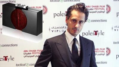 Kilian Hennessy at the Abu Dhabi Film Festival. Inset: the By Kilian Prohibited - Red edition clutch based on a perfume box.