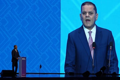 Prime Minister Abdul Hamid Dbeibah speaks on the first day of the Libya Energy and Economic Summit in Tripoli. AFP