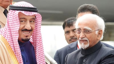 Saudi Arabia’s crown prince Salman bin Abdulaziz Al Saud of the Kingdom of Saudi Arabia met Indian vice president Hamed Ansari when he arrived in Delhi on Wednesday. AFP