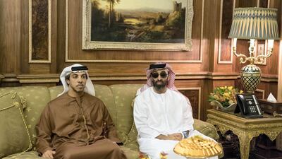 Sheikh Mansour bin Zayed, UAE Deputy Prime Minister and Minister of Presidential Affairs, left, and Sheikh Tahnoon bin Zayed, UAE National Security Advisor, right, attend a meeting with King Salman (not shown), at Arqa Palace. Mohamed Al Hammadi / Crown Prince Court - Abu Dhabi