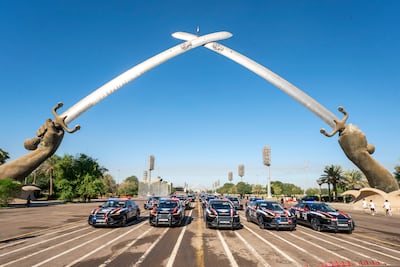 Iraqi Security forces in formation are seen under the Victory Arch during Iraq Independence Day celebrations in Baghdad. AP