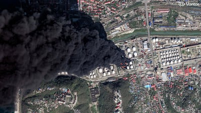 In this image supplied by Vantor, smoke rises from an oil refinery in the Black Sea port city of Tuapse in south-western Russia after a purported Ukrainian drone strike. AFP