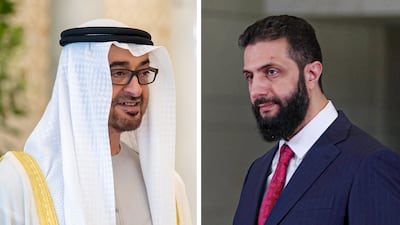 President Sheikh Mohamed and Syrian President Ahmad Al Shara reiterated the importance of efforts towards peace. UAE Presidential Court / AFP