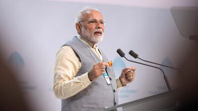 Narendra Modi, Prime Minister of India, delivers a speech during the 2018 World Government Summit. Ryan Carter / Crown Prince Court - Abu Dhabi