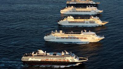 P&O Cruise ships Pacific Aria, Pacific Eden, Pacific Dawn, Pacific Jewel and Pacific Pearl meet for the first time at sunrise off the Sydney coastline. James Morgan / P&O Cruises Australia via Getty Images