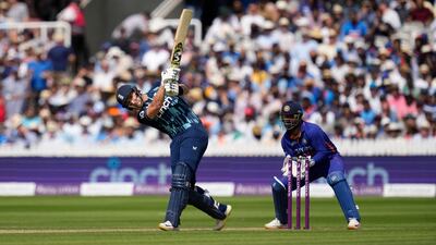 England's Liam Livingston hits a six on his way to 33. AP