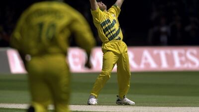Shane Warne celebrates a Pakistan wicket in the Cricket World Cup Final at Lord's in London in 1999. Getty Images