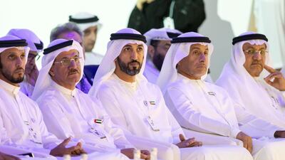 Sheikh Abdulla bin Mohamed Al Hamed, Chairman of the Health Department and Abu Dhabi Executive Council Member (L), Sultan bin Saeed Al Mansouri, UAE Minister of Economy (2nd L), and Mohamed Mubarak Al Mazrouei, Undersecretary of the Crown Prince Court of Abu Dhabi (3rd L), attend the UAE Government Annual Meeting at the St Regis Saadiyat. Ryan Carter / Ministry of Presidential Affairs