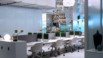 Desks in front of The Cloud Deck near the cafe.