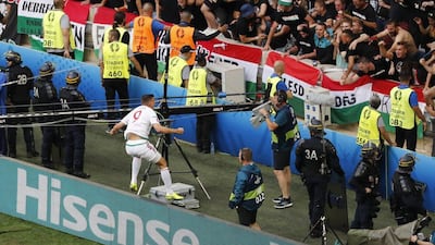 Hungary’s Adam Szalai celebrates with fans after Iceland’s Birkir Saevarsson (not pictured) scores an own goal and Hungary’s first in their Euro 2016 Group F match in Marseille. Jean-Paul Pelissier / Reuters
