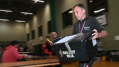 A ballot box is delivered to the counting centre in Blackpool, north-west England, on Thursday during the Blackpool South by-election. AFP