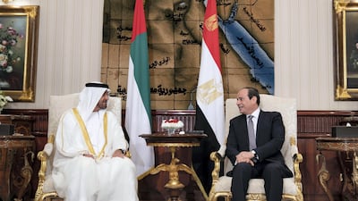 Sheikh Mohamed bin Zayed, Crown Prince of Abu Dhabi and Deputy Supreme Commander of the UAE Armed Forces, left, meets with Abdel Fattah El-Sisi, President of Egypt, in Cairo. Mohamed Al Hammadi / Ministry of Presidential Affairs