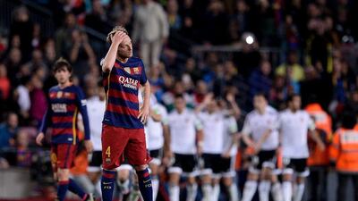Barcelona’s Croatian midfielder Ivan Rakitic gestures during the La Liga match FC Barcelona v Valencia CF at the Camp Nou stadium in Barcelona on April 17, 2016. AFP / JOSEP LAGO
