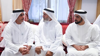 Lt Gen Sheikh Saif bin Zayed Al Nahyan, UAE Deputy Prime Minister and Minister of Interior, left, offers condolences. Abdullah Al Junaibi / Crown Prince Court - Abu Dhabi