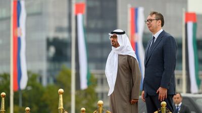 Sheikh Mohamed and Mr Vucic stand for the national anthems. Photo: Mohamed Al Hammadi / Presidential Court