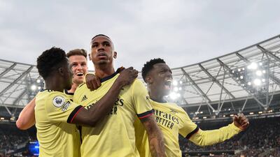 Gabriel of Arsenal celebrates scoring the winning goal with his team mates during the English Premier League soccer match between West Ham and Arsenal in London, Birtain, 01 May 2022. EPA/VINCE MIGNOTT EDITORIAL USE ONLY. No use with unauthorized audio, video, data, fixture lists, club/league logos or 'live' services. Online in-match use limited to 120 images, no video emulation. No use in betting, games or single club / league / player publications