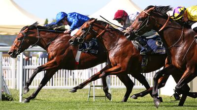 Coroebus, ridden by William Buick, wins The St James's Palace Stakes at Royal Ascot for trainer Charlie Appleby and Godolphin on June 14, 2022. Getty