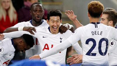 Son Heung-min, centre, starred in the absence of Harry Kane by scoring Tottenham's opening goal in the win over Leicester City. Reuters