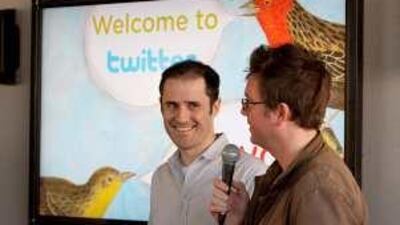 Twitter co-founder and chief executive Evan Williams, left, and co-founder Biz Stone at a presentation in San Francisco.