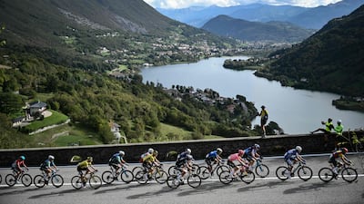 The peloton on the ascent of Forcellino Di Bianzano, near Lago di Endine lake. AFP