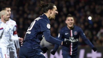 Paris Saint-Germain's Zlatan Ibrahimovic reacts after scoring a penalty in his side's 1-1 Ligue 1 draw with Lyon on Sunday. Philippe Desmazes / AFP / February 8, 2015