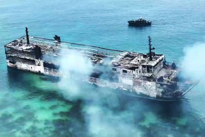 The burnt-out ferry after the fire was extinguished. AFP