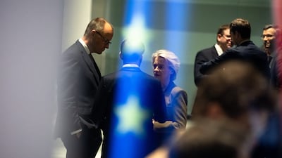 German Chancellor Friedrich Merz with French President Emmanuel Macron and President of the European Commission Ursula von der Leyen at the Chancellery in Berlin in December 2025. AFP