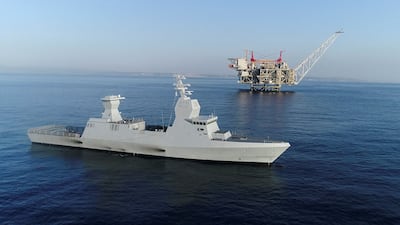 An Israeli military ship next to an oil platform in the Leviathan natural gasfield in the Mediterranean Sea. Reuters