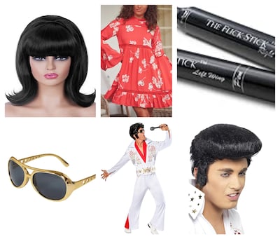 Wig, Dh59.17, www.lightinthebox.com; dress, Dh210, www.sanddollardubai.com; eyeliner, Dh64.91, www.amazon.ae; sunglasses, Dh37, www.desertcart.ae; costume, Dh300, www.amazon.ae; wig, Dh101, www.desertcart.ae. Photos: Light in the Box; Amazon; Sand Dollar Dubai; Desert Cart