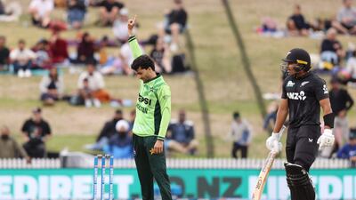 Pakistan's Sufiyan Muqeem celebrates the wicket of New Zealand’s Muhammad Abbas. AFP