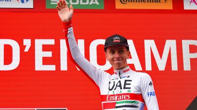 Tadej Pogacar on the podium after winning Stage 9 at the Vuelta a Espana. BettiniPhoto