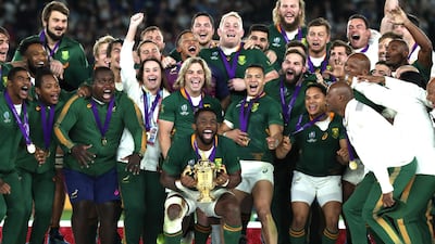 Siya Kolisi of South Africa lifts the Web Ellis cup following his team's victory against England in the Rugby World Cup 2019 Final between England and South Africa at International Stadium Yokohama in Yokohama, Kanagawa, Japan. Gettty Images