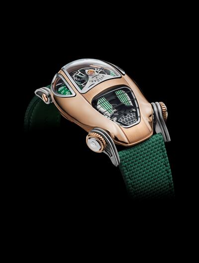 The new MB&F x Bvlgari Serpenti watch for men comes in three iterations, including rose gold and green. There are only 33 pieces of this colour available. Photo: MB&F x Bvlgari
