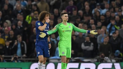Chelsea's goalkeeper Kepa Arrizabalaga, right, refused to be substituted during the League Cup final against Chelsea. EPA