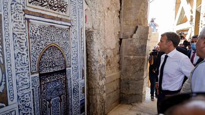 French President Emmanuel Macron tours the Al-Nuri Mosque in Iraq's second city of Mosul. AFP