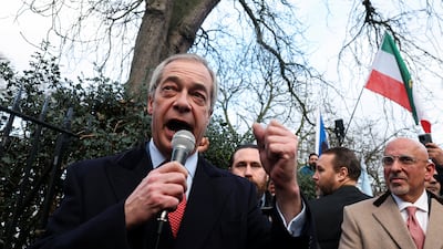 Reform UK leader Nigel Farage speaks at the rally in London in support of nationwide protests in Iran. Reuters