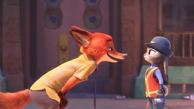 Bunny officer Judy Hopps (voiced by Ginnifer Goodwin) and con-artist fox Nick (Jason Bateman) in Diney’s latest animated film, Zootopia. Courtesy Disney