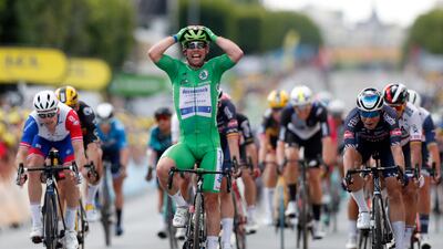Mark Cavendish celebrates his victory.
