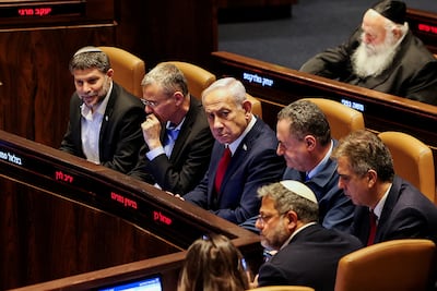 Israeli Prime Minister Benjamin Netanyahu in the Knesset with senior members of his government. Reuters