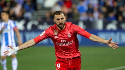 Real Madrid's Karim Benzema celebrates after scoring an equaliser against Leganes. EPA