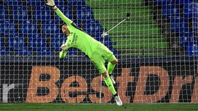 Thibaut Courtois makes a save during the 0-0 La Liga draw with Getafe at the Estadio Coliseum Alfonso Perez on Sunday, April 18. AFP