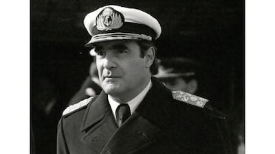 Emilio Massera watches Air Force Day celebrations at El Palomar Base in Argentina in 1975.