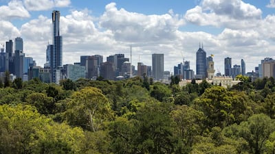 The Royal Botanic Gardens in Melbourne with the city’s skyline in the background.