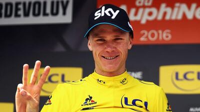 Chris Froome of Great Britain and Team SKY celebrates winning the 2016 Criterium du Dauphine, a 151km stage from Le Pont-de-Claix to Superdevoluy, on June 12, 2016 in Superdevoluy, France. Photo by Bryn Lennon/Getty Images)