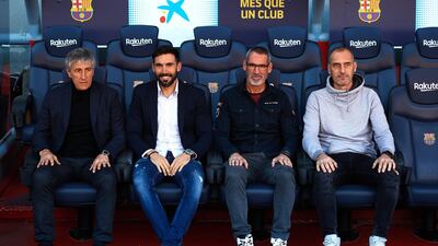 Quique Setien with assistant coach Eder Sarabia, second left, goalkeeper coach Jon Pascua, third left, and physical trainer Fran Soto. Getty Images