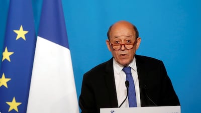 French Minister for Foreign Affairs Jean-Yves Le Drian makes an official statement in the press room at the Elysee Palace, in Paris, France. The French military on Saturday targeted Syria's main chemicals research centre as well as two other facilities, hours after President Emmanuel Macron ordered a military intervention in Syria. Reuters