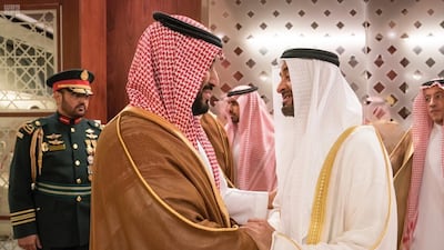 Sheikh Mohamed bin Zayed receives Prince Mohamed bin Salman during an official visit at Qasr Al Watan. SPA