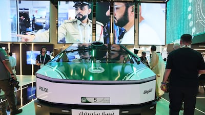 A Tesla Cybertruck at the Dubai Police stand at Gitex Global in Dubai. Pawan Singh / The National