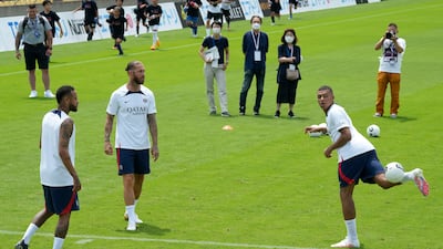 PSG players Neymar, Sergio Ramos and Kylian Mbappe in action. EPA
